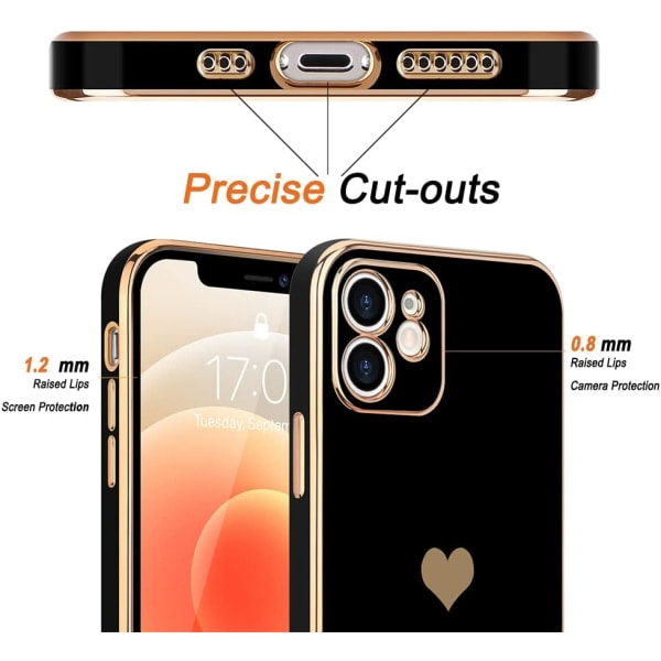 IC Kompatibelt iPhone 12-etui for kvinner Jente Søt Love-Heart Luksus Bling-belegg Mykt deksel hevet Full iPhone 12, svart