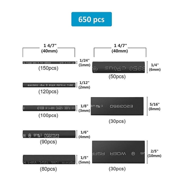 650 delar krympslang, svart krympslang, elektrisk isolering Krympplastslang