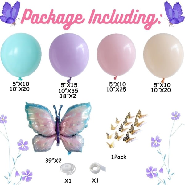 IC Butterfly Födelsedagsdekorationer 150st Lila Rosa Butterfly Pastell Balloon Girls Arch Kit med Butterfly Stickers for Girls Baby