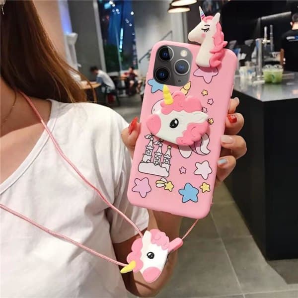 IC Enhjørning - etui til iPhone 14 Pro Max 6,7\" med snor, 3D-tegnet design Sød Elastisk Kickstand Pro Maxtective-etui (kage)