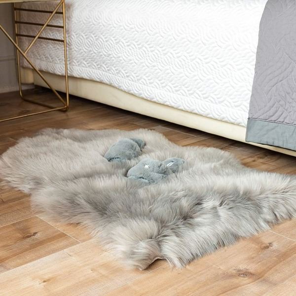 IG Vita Fuskpäls Stolsöverdrag, Fluffig Shag Fårskinn Säng Grå 2 x 3 ft