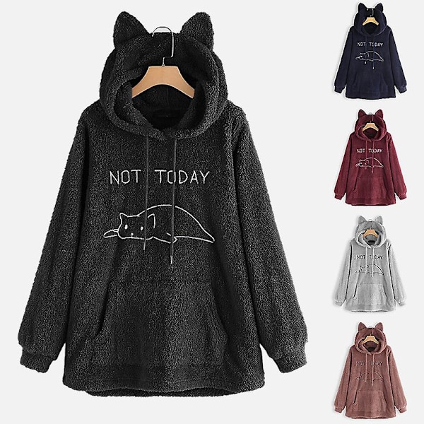 Oversize Fleece Hoodie med Katteører til Kvinder Efterår Vinter Trøje Dobbeltsidet Plys Broderi Sort Black XL
