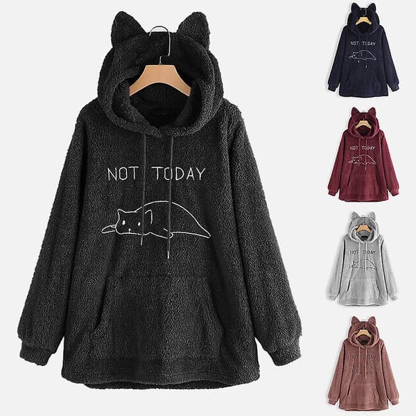 Oversized fleece-genser med katteører for kvinner Høst Vinter Pullover Dobbeltsidig plysjbroderi Vinrød Wine Red M