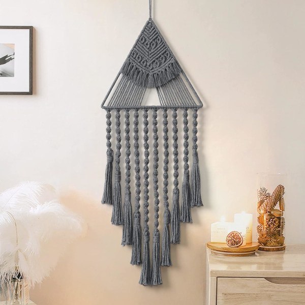 IC Makramé Vævet Væghængende Drømmfangere Trekant Tassel Geometrisk Kunst Boho Baggrund Boheme Hjemindretning Vægkunsthåndværk Smuk Lejlighed (Grå)
