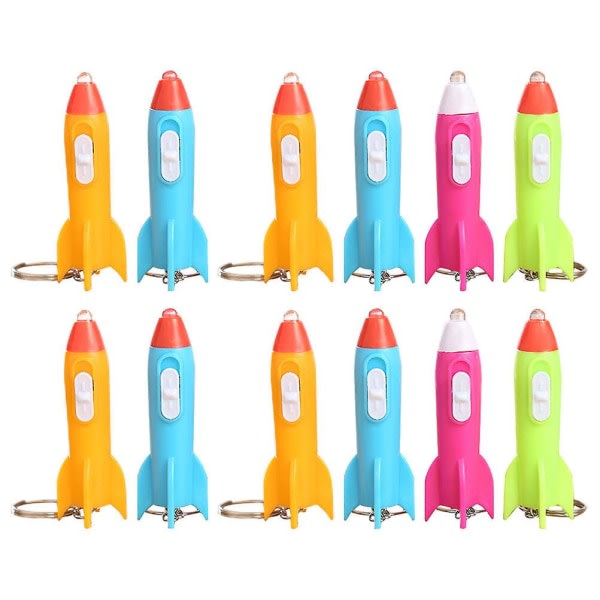 12 stk Børne Lommelygter Mini Nøgleringe Kids Mini Lommelygter Led Raket Nøglering Mini Lommelygte Nøglering（6.7X2CM，Tilfældig farve 12stk） IC