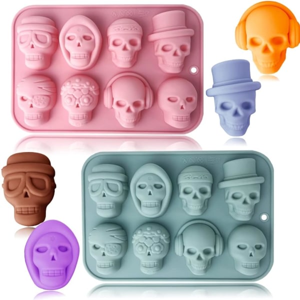 IC 2-pack 3D Skull Forme 8 Cavity Skull-tema Form Bakform DIY Bagværktøj til Chokladkaka Dessert Godismousse
