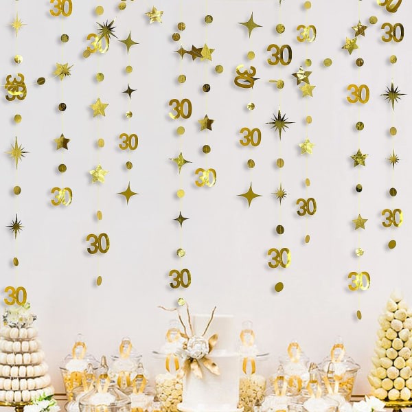 IC Guld 30-årsdekorationer nummer 30 Circle Dot Twinkle Star Garland Metallic Hängande Streamer Bunting Banner Backdrop Supplies Märke: pinkblume