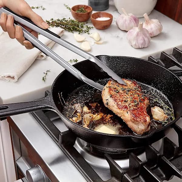 Køkkentang Sæt med 2 i Rustfrit Stål og Varmebestandig Silikone Låsetang til Madlavning Grill og Servering Sort