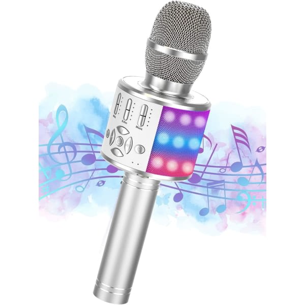 IC Karaoke trådløs Bluetooth-mikrofon for Android/iOS, med opptaksfunksjon, dansende LED-lys - Bærbar, Sølv