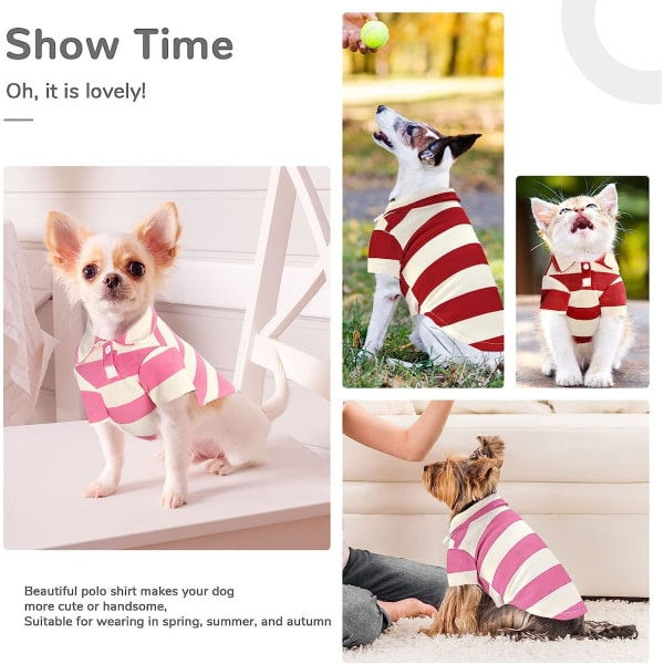 IC 2-pak stribede hundetrøjer Åndbare poloshirts til små og mellemstore hunde Katte Pige （Rosa+Rød, Stor）