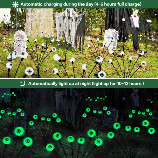 IC Halloween-dekorationer utomhus solenergi Skrämmande ögonglobsljus, 2PACK 12LED Gröna ögongloben svajande eldflugeljus, Vattentät