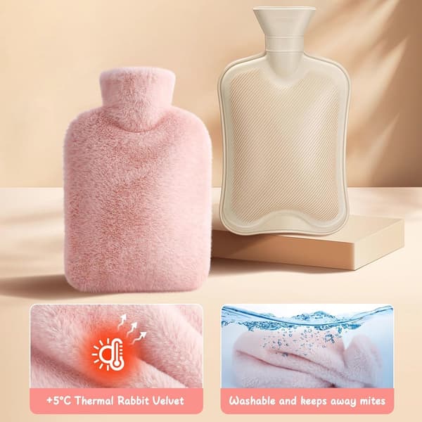 Varmeflaske, 2L naturgummi med mykt avtakbart vaskbart plysjtrekk for barn og voksne, vintervarmeterapi, rosa