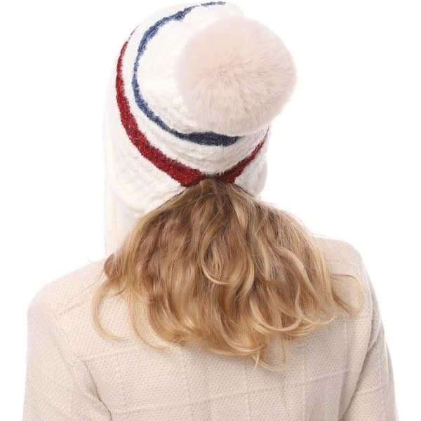 IC Stickad mössa med peruansk pompom, öronlappar, vintermössa för kvinnor (Vit)