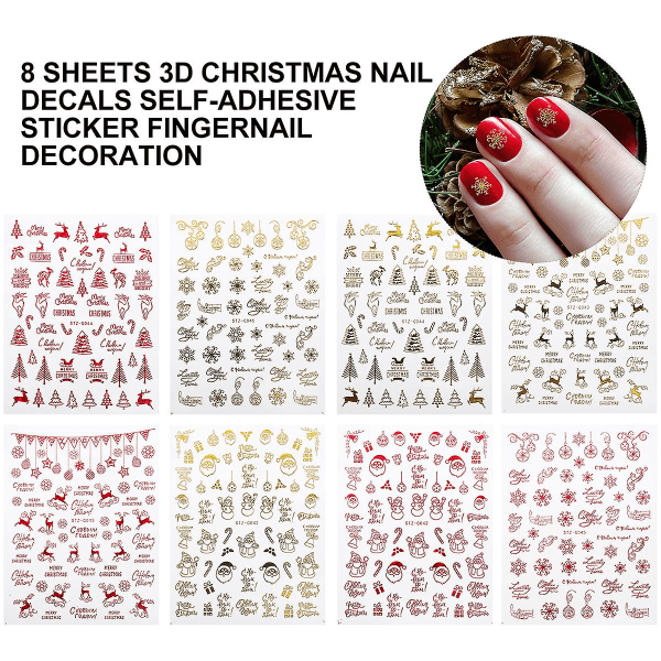 8 ark Vinterklistermärken Xmas Nail Art Stickers Christmas 3d Nail Stickers Christmas Nail Wraps Christmas Nagelklistermärken (10X8cm, rød)