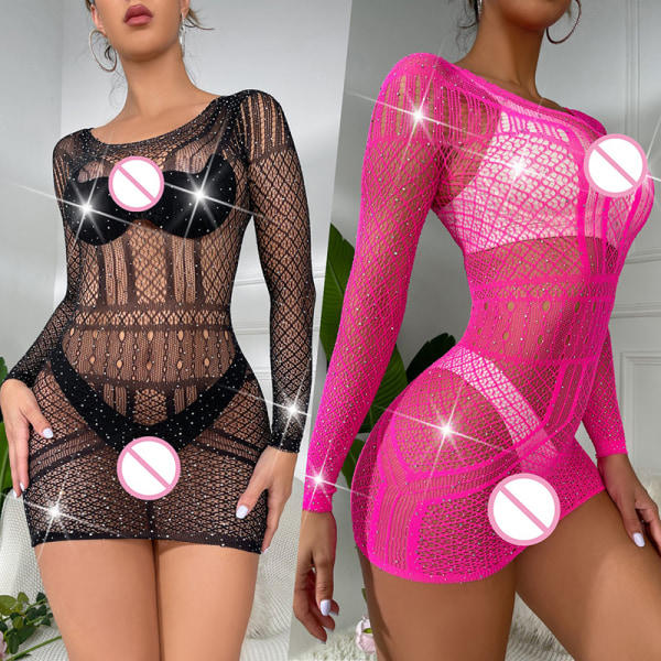 IC Erotisk Sexig Underkläder Bling Rhinestone Fishnet Body Transparent Roseröd