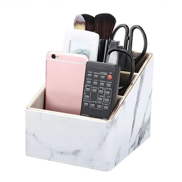 Multifunctional Marble Leather Desktop Storage, Pen Holder, Mobile Phone Holder, Remote Control Storage, Office, White
