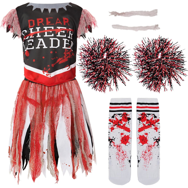 Jente Skummel Blodig Cheerleader Kostyme, Zombie Cheerleader Kostyme for Halloween Klesopptrinn Svart-röd Small (5-7 yrs)