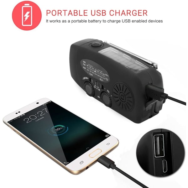 Vevradio med solceller, lommelygte og 2000mAh Powerbank rød SOS sort