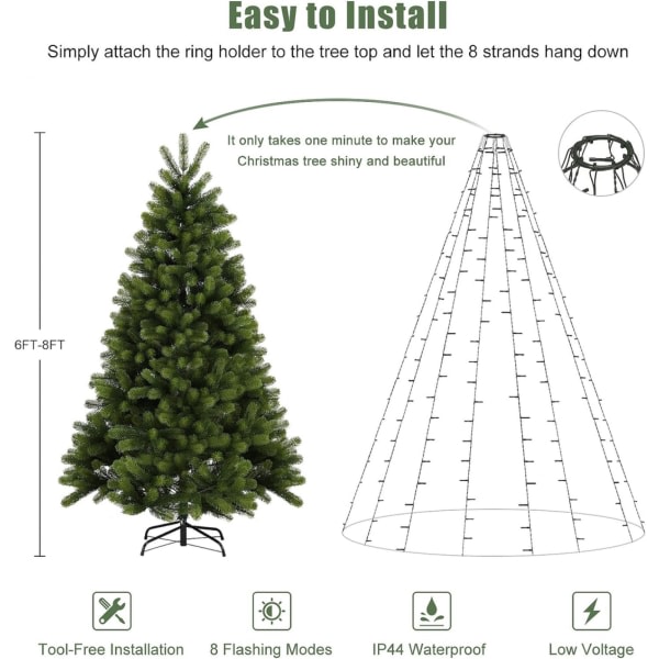Julgransljus 2m * 8 rader, 280 LED-lampor Fairy Lights för 6-8ft träd 1 set