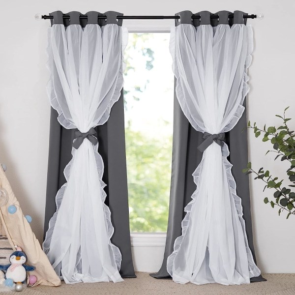 IC Dekorative Vinduebehandlinger Dobbelt Gardin Plisseret Skørtet Landlig Rustik Design, B 132,88 x L 213,36 cm, Grå, 2 stk