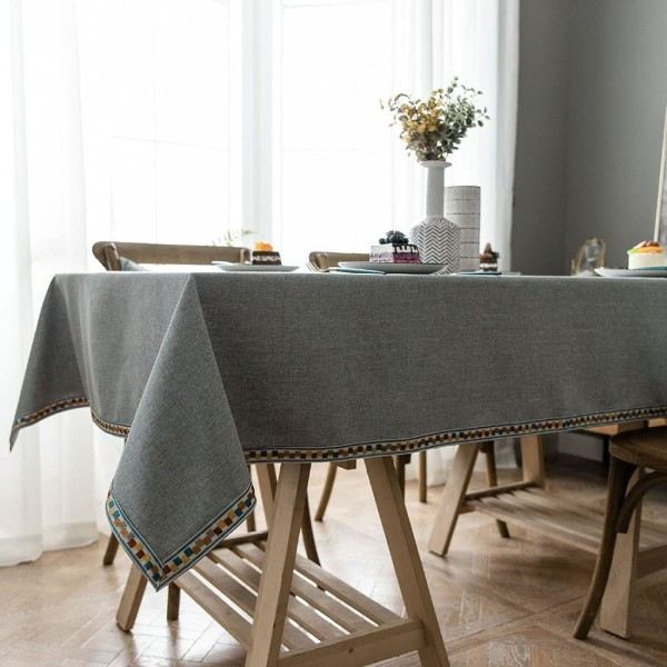 IC Linne Strukturerad Solid Bordsduk med Blommönster Kant Farmhouse Dammtät Bordsduk för Kök Matbordsdekoration (Grå, 55x63 tum)