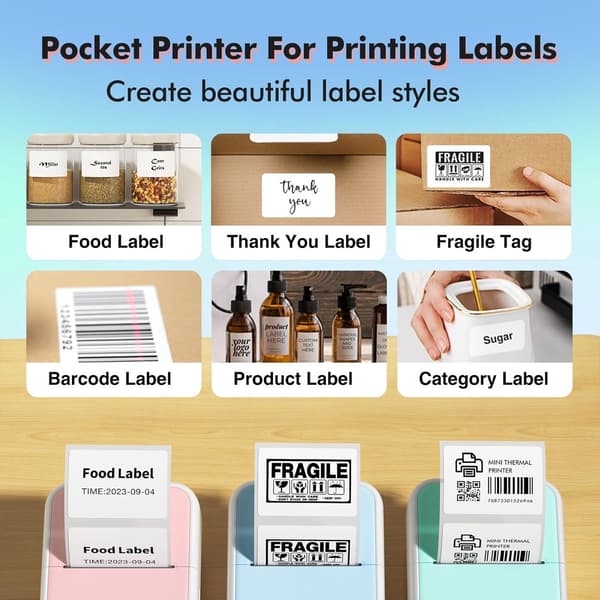 Mini labelprinter, blækfri termisk Bluetooth-fotoprinter med 5 ruller klæbepapir, bærbar lomme-printer til noter, studier og kontor, mintgrøn