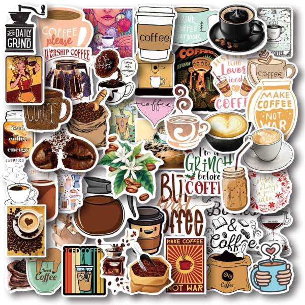 IC 50 stykker kaffeklistermærker, vinylkaffevattenflaska klistermärkespakke til kaffegåvor, kaffekalas, kaffetillbehør