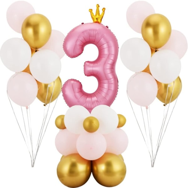 IC Rosa krona nummer 3 ballong, 40'' stort nummer folieballong med latexballonger, 5-årsdag (Rosa 5)