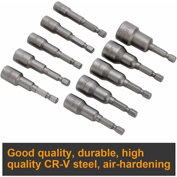 10 stk. Slagtrekkerpipebits 6-15mm Sett Magnetisk Hex Pipe Sett Magnetisk Bor Bit Hex Pipe Sett 1/4 Tomme for Hurtigskift Chuck