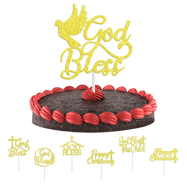 IC God Bless Cross Cake Charm Topper Festdekorationer Glitter Ble 03