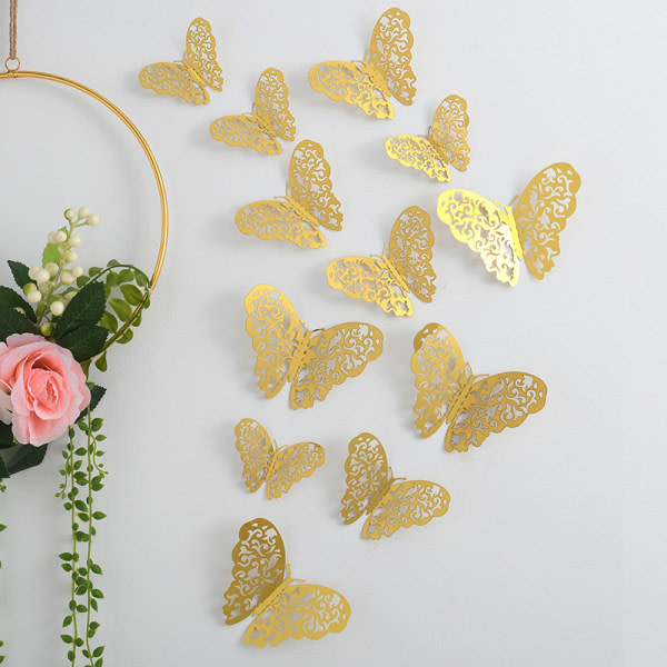 IC 12 st/ sæt 3D-fjärilsväggdekaler Avtagbara väggmålningsdekaler Gör-det-själv-konst väggdekor Dekor med lim for bröllopsfest i sovrummet - guld
