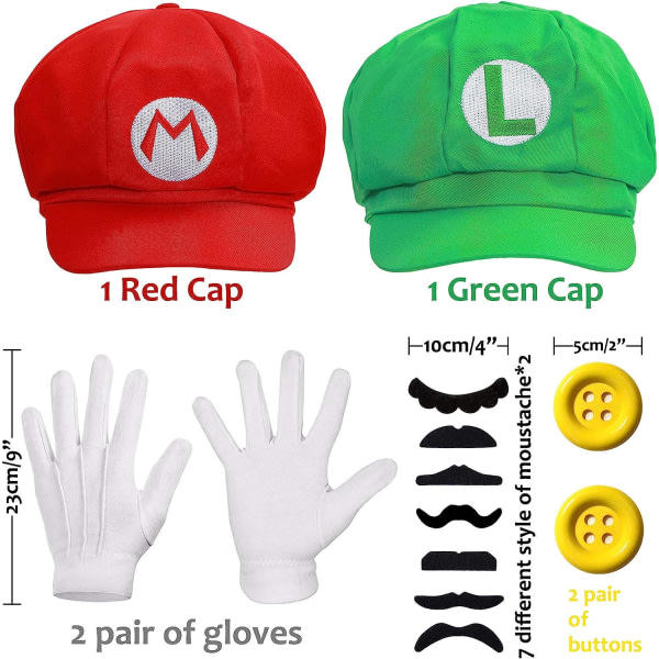 IC Super Mario Bros Mario och Luigi Hattar Kepsar Mustascher Handskar Knappar Cosplay Kostym