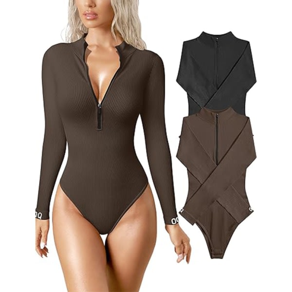 2-delade bodysuits for women Sexiga ribbade bodysuits i ett stykke med långa ärmar Black+Dark Brown L