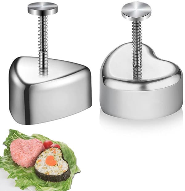 Onigiri Risbolleformer, 2-delt Non-Stick Pressett i Rustfritt Stål, Trekant- og Hjerteformer for Matpakker og Barnemåltider