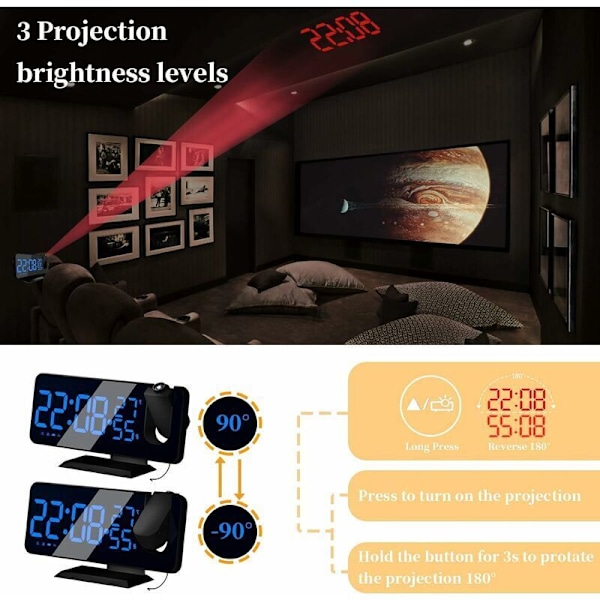 Projektor Väckarklocka med Radio, Digital Klocka, USB Väckarklockradio med Dubbla Alarm och 7 LED Spegelskärm (Blå Text), av DEBUNS