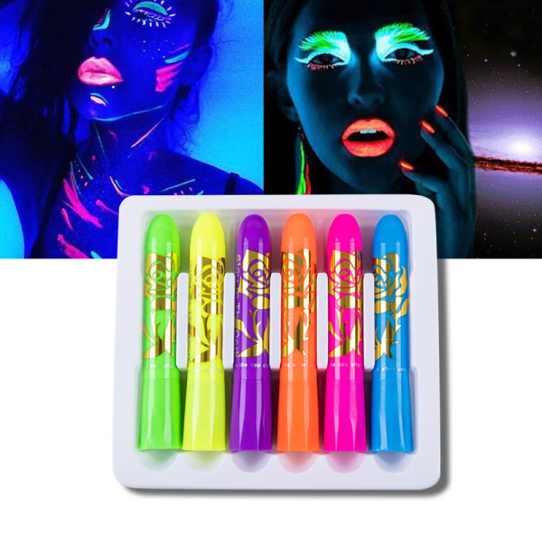 6. sett Glow In Dark Ansiktsfärg Uv Neon Ansiktsfärg Crayon Penna