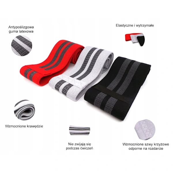 3 kuminauhan vastuskuminauhasetti, punainen, harmaa, musta