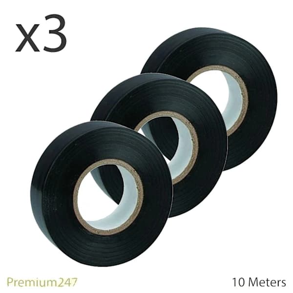 3x 10m Electrical Tape Black PVC High Quality Long Insulation Electrical Cables