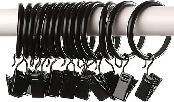 Gardinringe, 16 stk., 38 mm, rustfrit stål sort, med clips, til badeforhæng, tykke