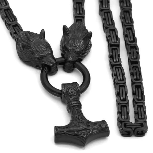 Bysantinsk kjede Svart hänge Thor's Hammer Rostfritt stål Wolf Viking Smycken 50/60/70 cm