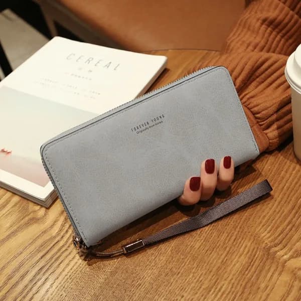 Damplånbok i äkta läder - Stor plånbok med gulddragkedja - Lång (Grå)
