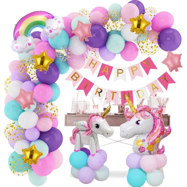 IC Stora enhörningsfödelsedagsdekorationer for flickor 115 st ballonger Grattis på födelsedagen Bannerdekoration (EN STIL)