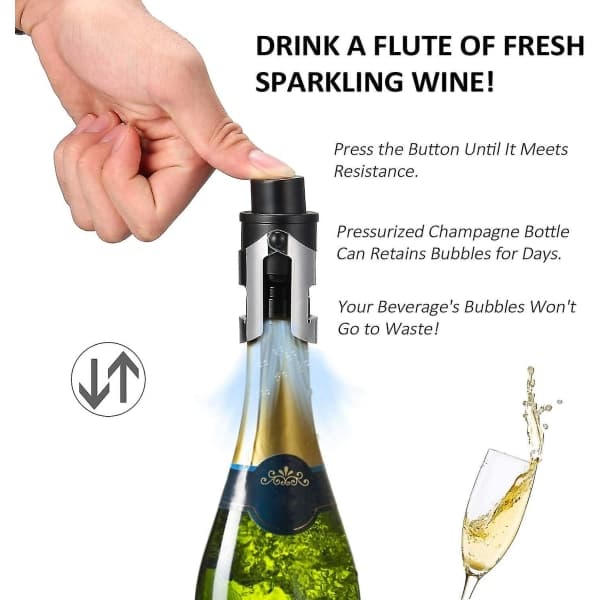 Vinkorkit sisäänrakennetulla pumpulla samppanjan, proseccon ja cavan kupliville viineille