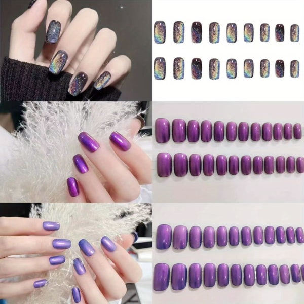 3 förpackningar (72 st) Reflekterande Glitter Cat Eye Press On Nails, Broken Diamond Gel Nails Kit, Blandat Rosa Brun Svart Gradient Fake 3 Boxes 01