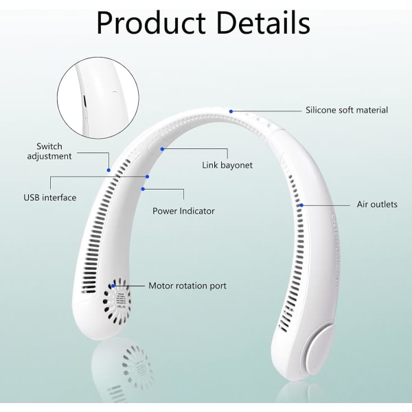 IC Liten fläkt - vit 3000mAh bladlös hängande halsfläkt [tre växlar högvindsjustering]