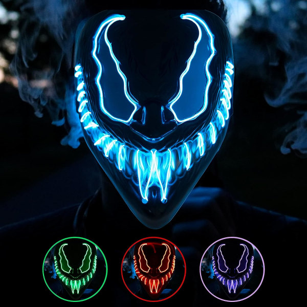Coselena LED Halloween-mask med 3 ljuslägen | Demon ansiktsmasker | Halloween kostym skrämmande mask Blå