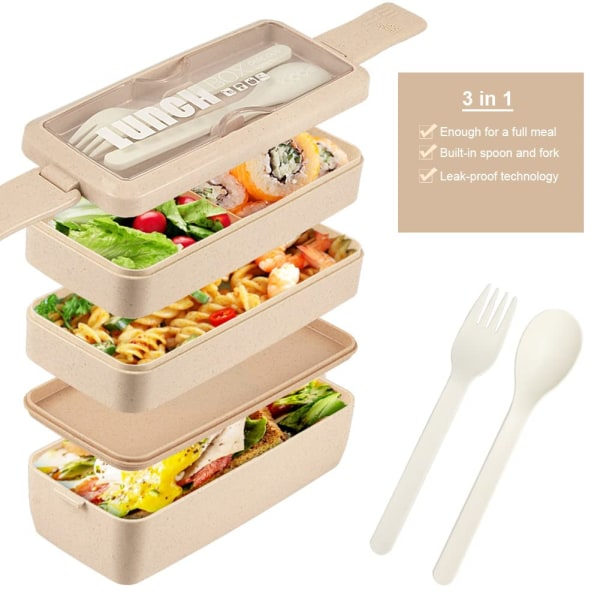 IC Bento Box Lunchbox - Beige 3 i 1 fackbehållare