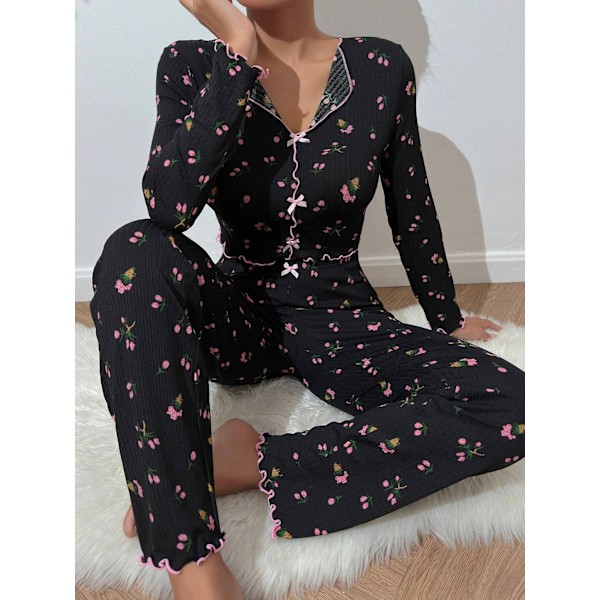 Hemma kläder avslappnade tryckta byxor långa ärmar europeisk och amerikansk stil ytterkläder dam pyjamas tvådelat set White floral background XL