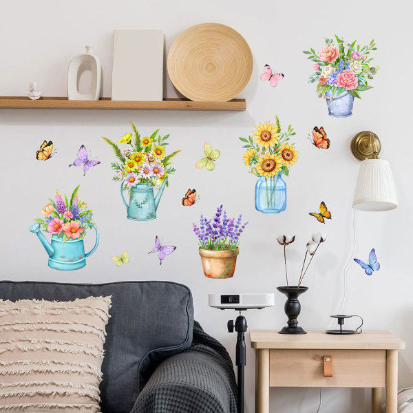 IC-väggklistermärken, växter, blommor, fjärilar i krukväxter, vägg