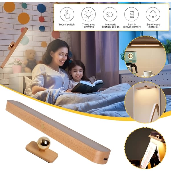 2 stk 360° roterbare magnetiske LED-væglamper i træ med trinløs dæmpning via berøringskontrol til soveværelse, stue og entré